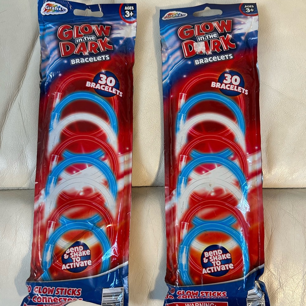 LOT 2 Grafix Glow in the Dark Bracelets 30 pack EACH Red White &Blue 4th of July